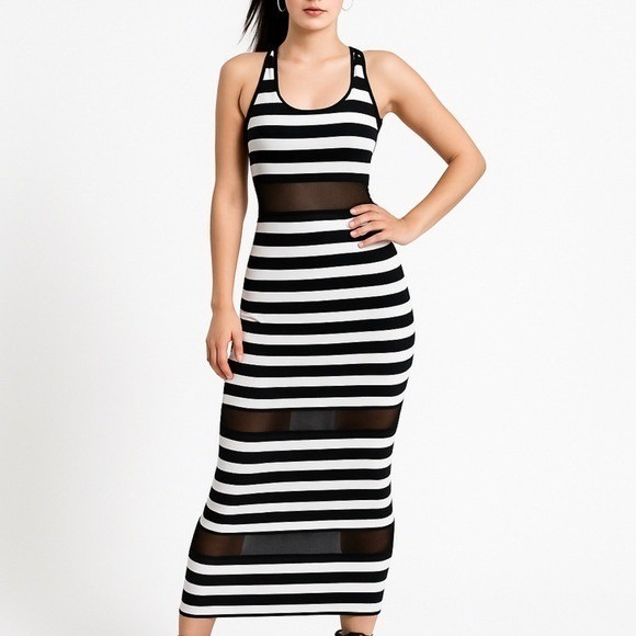 Rehab Lab Dresses & Skirts - NWT Mesh Panel Dress M Y2K Black White Striped Bodycon Festival Streetwear Glam